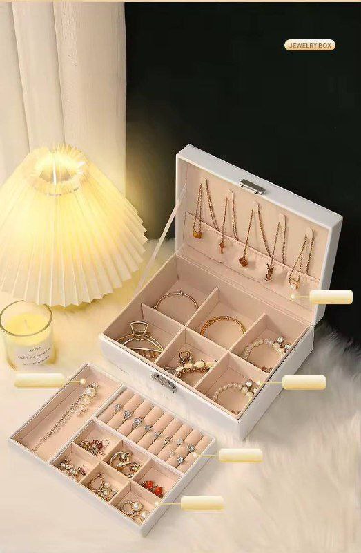 صندوق تخزين مجوهرات جلدي للبنات - طبقتان، هدية