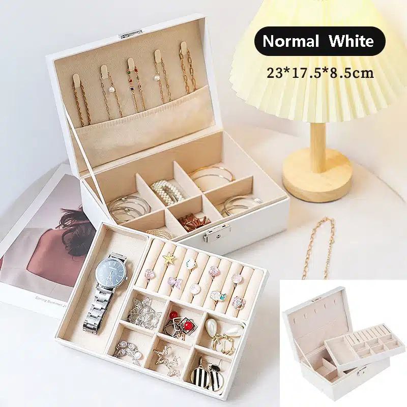 صندوق تخزين مجوهرات جلدي للبنات - طبقتان، هدية