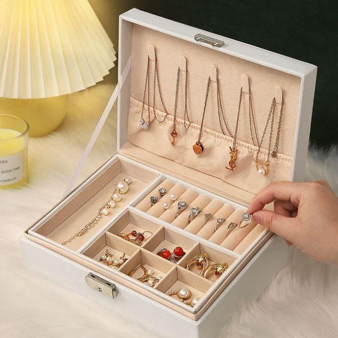 صندوق تخزين مجوهرات جلدي للبنات - طبقتان، هدية